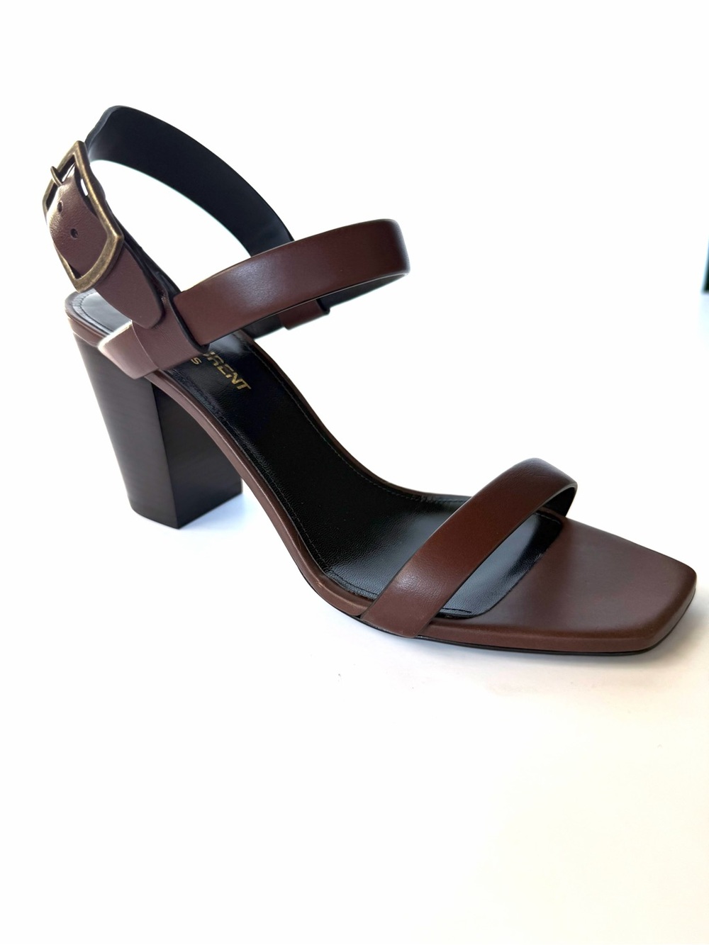 NWT Saint Laurent Brown Leather Block Heel Sandals with Brass Buckle